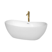 Load image into Gallery viewer, Wyndham Collection WCOBT101465SWATPGD Rebecca 65 Inch Freestanding Bathtub in White with Shiny White Trim and Floor Mounted Faucet in Brushed Gold
