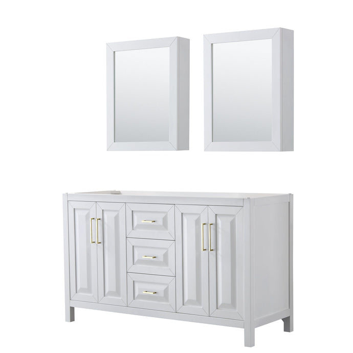 Wyndham Collection WCV252560DWGCXSXXMED Daria 60 Inch Double Bathroom Vanity in White, No Countertop, No Sink, Medicine Cabinets, Brushed Gold Trim