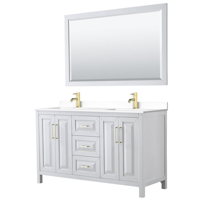 Wyndham Collection WCV252560DWGWCUNSM58 Daria 60 Inch Double Bathroom Vanity in White, White Cultured Marble Countertop, Undermount Square Sinks, 58 Inch Mirror, Brushed Gold Trim