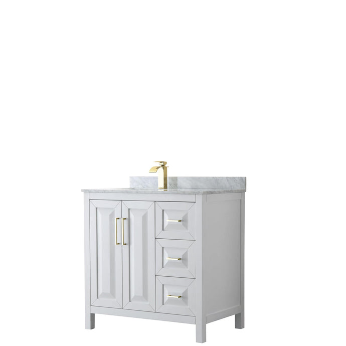 Wyndham Collection WCV252536SWGCMUNSMXX Daria 36 Inch Single Bathroom Vanity in White, White Carrara Marble Countertop, Undermount Square Sink, Brushed Gold Trim