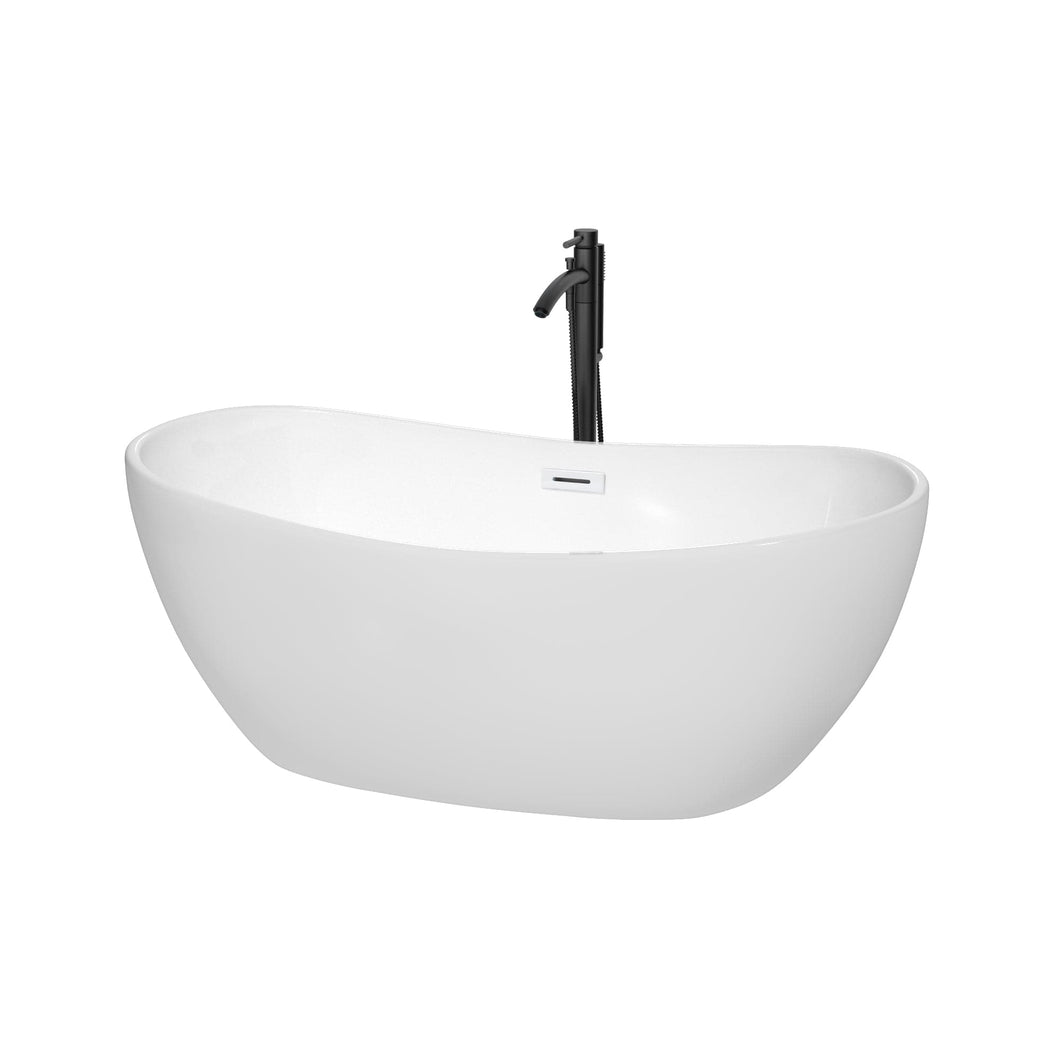 Wyndham Collection WCOBT101460SWATPBK Rebecca 60 Inch Freestanding Bathtub in White with Shiny White Trim and Floor Mounted Faucet in Matte Black