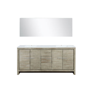 Lexora LLF72DKSODM70 Lafarre 72" Rustic Acacia Double Bathroom Vanity, White Quartz Top, White Square Sinks, and 70" Frameless Mirror