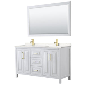 Wyndham Collection WCV252560DWGC2UNSM58 Daria 60 Inch Double Bathroom Vanity in White, Light-Vein Carrara Cultured Marble Countertop, Undermount Square Sinks, 58 Inch Mirror, Brushed Gold Trim