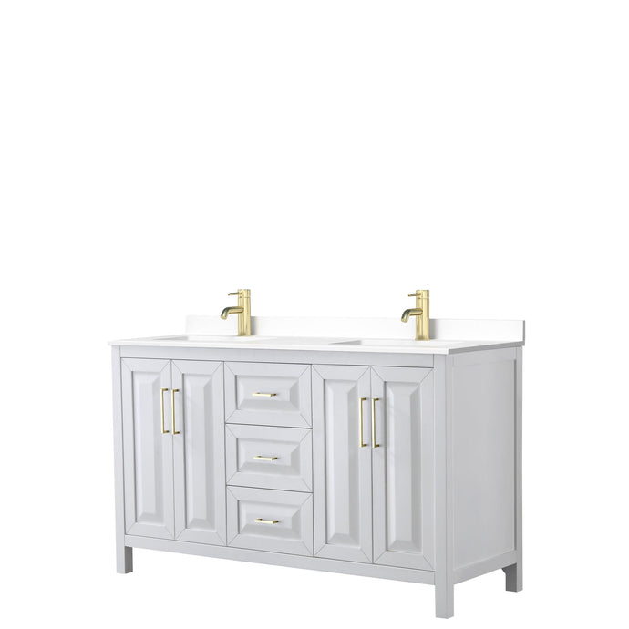 Wyndham Collection WCV252560DWGWCUNSMXX Daria 60 Inch Double Bathroom Vanity in White, White Cultured Marble Countertop, Undermount Square Sinks, Brushed Gold Trim