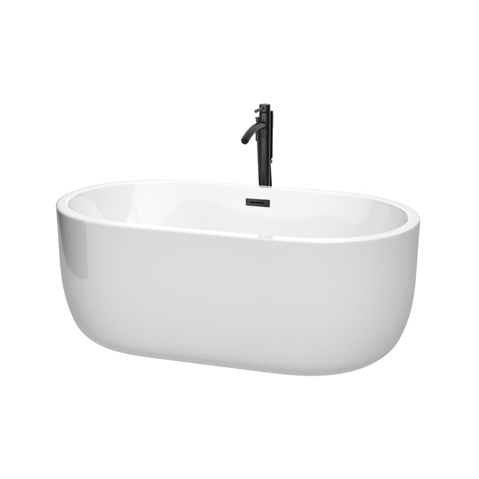 Wyndham Collection WCOBT101360MBATPBK Juliette 60 Inch Freestanding Bathtub in White with Floor Mounted Faucet, Drain and Overflow Trim in Matte Black