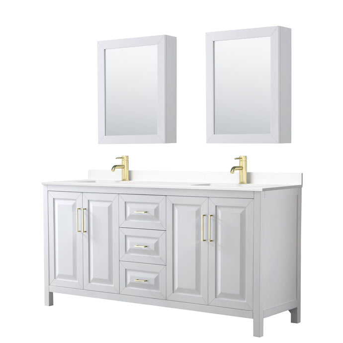 Wyndham Collection WCV252572DWGWCUNSMED Daria 72 Inch Double Bathroom Vanity in White, White Cultured Marble Countertop, Undermount Square Sinks, Medicine Cabinets, Brushed Gold Trim