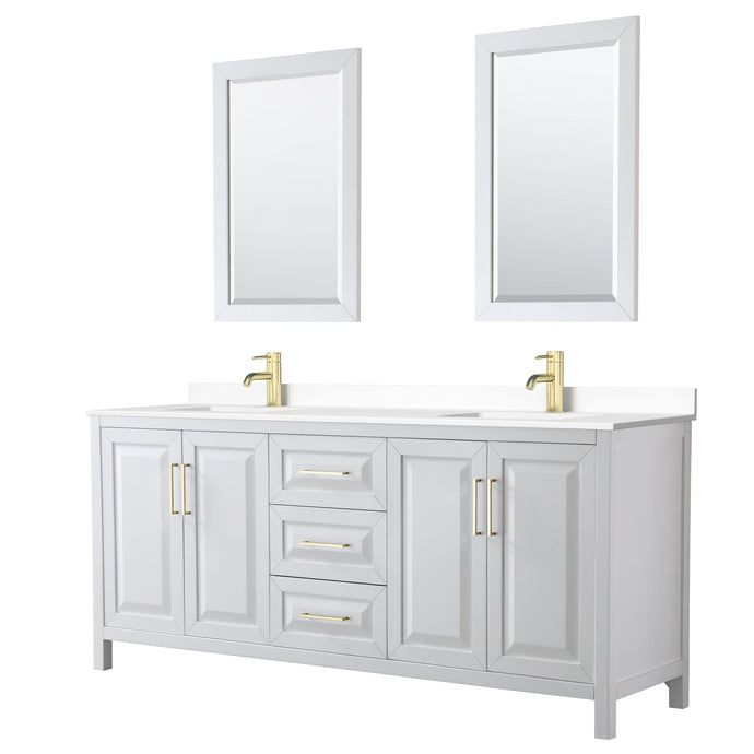 Wyndham Collection WCV252580DWGWCUNSM24 Daria 80 Inch Double Bathroom Vanity in White, White Cultured Marble Countertop, Undermount Square Sinks, 24 Inch Mirrors, Brushed Gold Trim