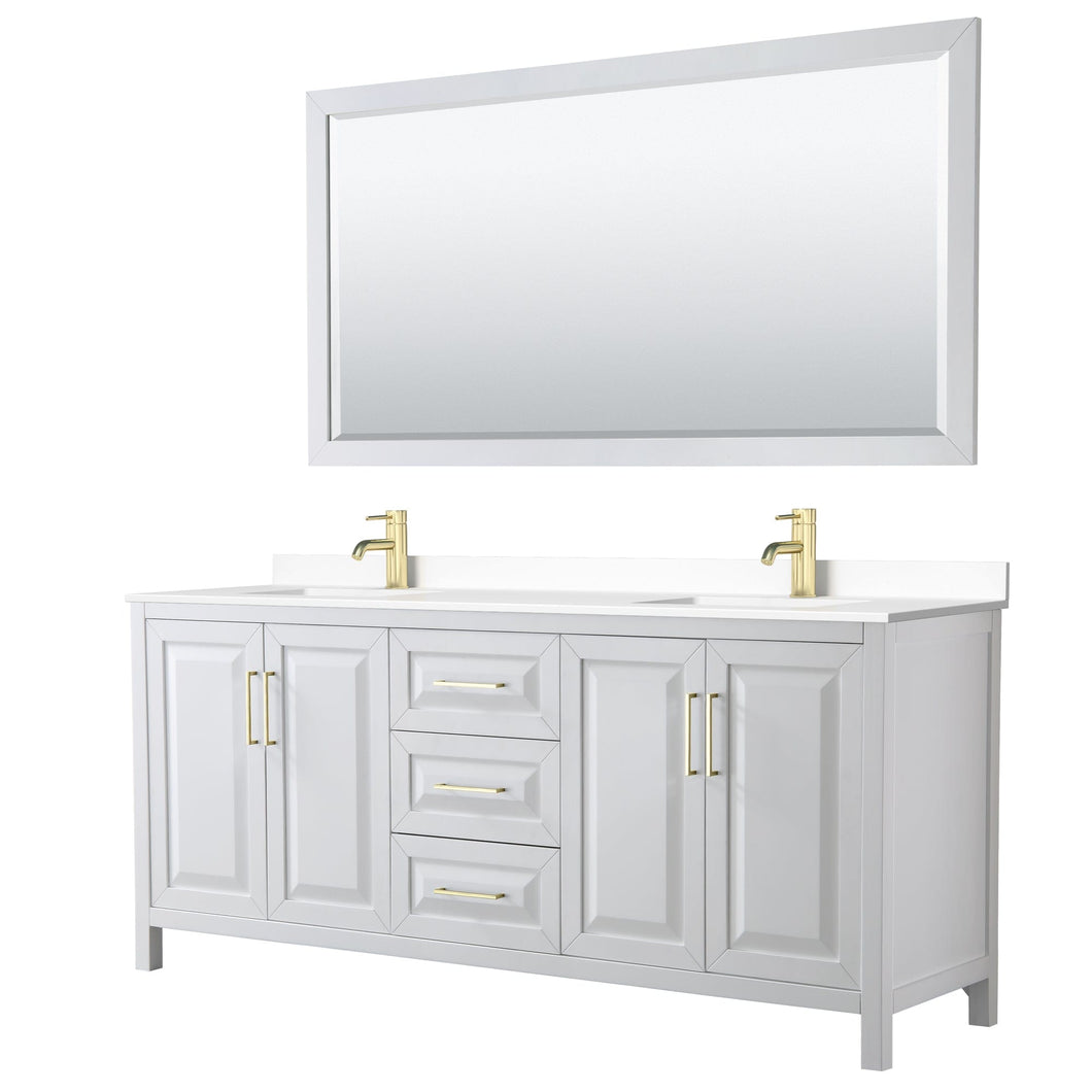 Wyndham Collection WCV252580DWGWCUNSM70 Daria 80 Inch Double Bathroom Vanity in White, White Cultured Marble Countertop, Undermount Square Sinks, 70 Inch Mirror, Brushed Gold Trim