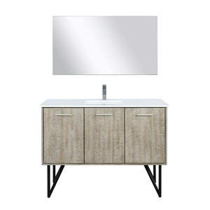 Lexora LLC48SKSOSM43FGM Lancy 48" Rustic Acacia Bathroom Vanity, White Quartz Top, White Square Sink, Balzani Gun Metal Faucet Set, and 43" Frameless Mirror