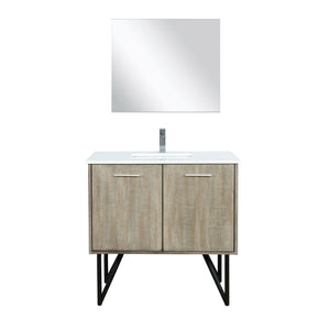 Lexora LLC36SKSOSM28FGM Lancy 36" Rustic Acacia Bathroom Vanity, White Quartz Top, White Square Sink, Balzani Gun Metal Faucet Set, and 28" Frameless Mirror