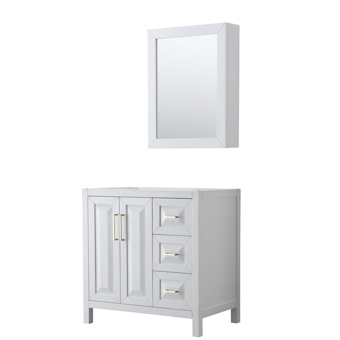 Wyndham Collection WCV252536SWGCXSXXMED Daria 36 Inch Single Bathroom Vanity in White, No Countertop, No Sink, Medicine Cabinet, Brushed Gold Trim