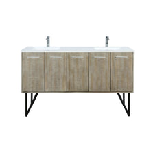 Load image into Gallery viewer, Lexora LLC60DKSOS000FCH Lancy 60&quot; Rustic Acacia Double Bathroom Vanity, White Quartz Top, White Square Sinks, and Monte Chrome Faucet Set