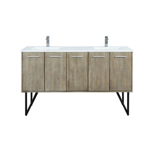 Lexora LLC60DKSOS000FCH Lancy 60" Rustic Acacia Double Bathroom Vanity, White Quartz Top, White Square Sinks, and Monte Chrome Faucet Set