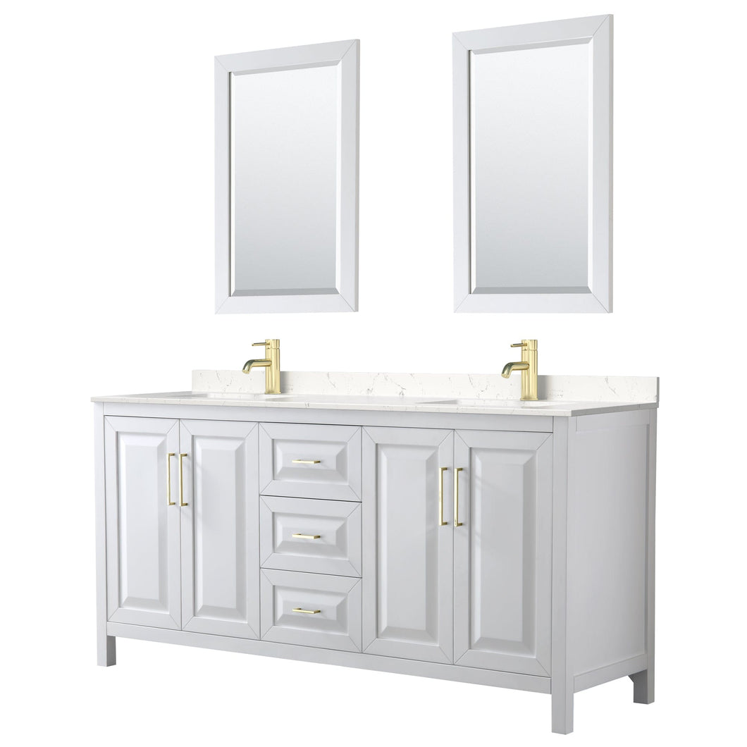 Wyndham Collection WCV252572DWGC2UNSM24 Daria 72 Inch Double Bathroom Vanity in White, Light-Vein Carrara Cultured Marble Countertop, Undermount Square Sinks, 24 Inch Mirrors, Brushed Gold Trim