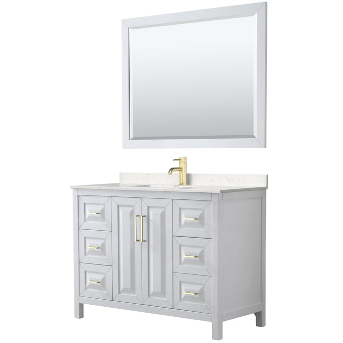 Wyndham Collection WCV252548SWGC2UNSM46 Daria 48 Inch Single Bathroom Vanity in White, Light-Vein Carrara Cultured Marble Countertop, Undermount Square Sink, 46 Inch Mirror, Brushed Gold Trim