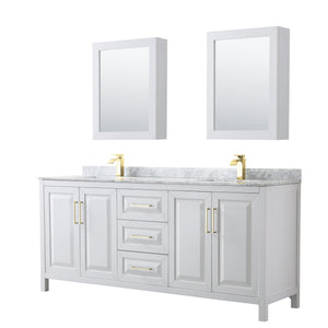 Wyndham Collection WCV252580DWGCMUNSMED Daria 80 Inch Double Bathroom Vanity in White, White Carrara Marble Countertop, Undermount Square Sinks, Medicine Cabinets, Brushed Gold Trim