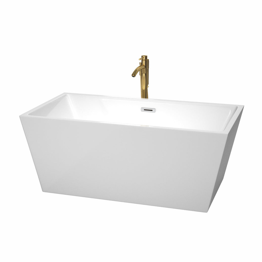 Wyndham Collection WCBTK151459PCATPGD Sara 59 Inch Freestanding Bathtub in White with Polished Chrome Trim and Floor Mounted Faucet in Brushed Gold