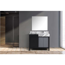 Load image into Gallery viewer, Lexora LZ342242SLISM34FMC Zilara 42&quot; Black and Grey Vanity, Castle Grey Marble Top, White Square Sink, Monte Chrome Faucet Set, and 34&quot; Frameless Mirror