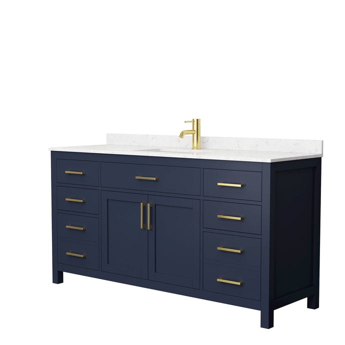 Wyndham Collection WCG242466SBLCCUNSMXX Beckett 66 Inch Single Bathroom Vanity in Dark Blue, Carrara Cultured Marble Countertop, Undermount Square Sink, No Mirror