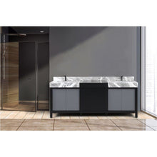 Load image into Gallery viewer, Lexora LZ342284DLISFBG Zilara 84&quot; Black and Grey Double Vanity, Castle Grey Marble Tops, White Square Sinks, and Balzani Gun Metal Faucet Set