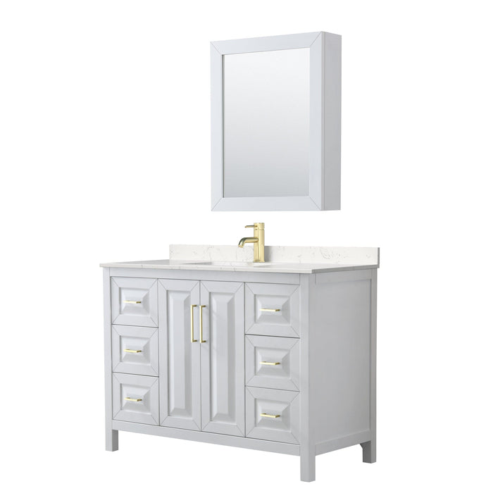 Wyndham Collection WCV252548SWGC2UNSMED Daria 48 Inch Single Bathroom Vanity in White, Light-Vein Carrara Cultured Marble Countertop, Undermount Square Sink, Medicine Cabinet, Brushed Gold Trim