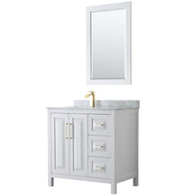 Load image into Gallery viewer, Wyndham Collection WCV252536SWGCMUNSM24 Daria 36 Inch Single Bathroom Vanity in White, White Carrara Marble Countertop, Undermount Square Sink, 24 Inch Mirror, Brushed Gold Trim
