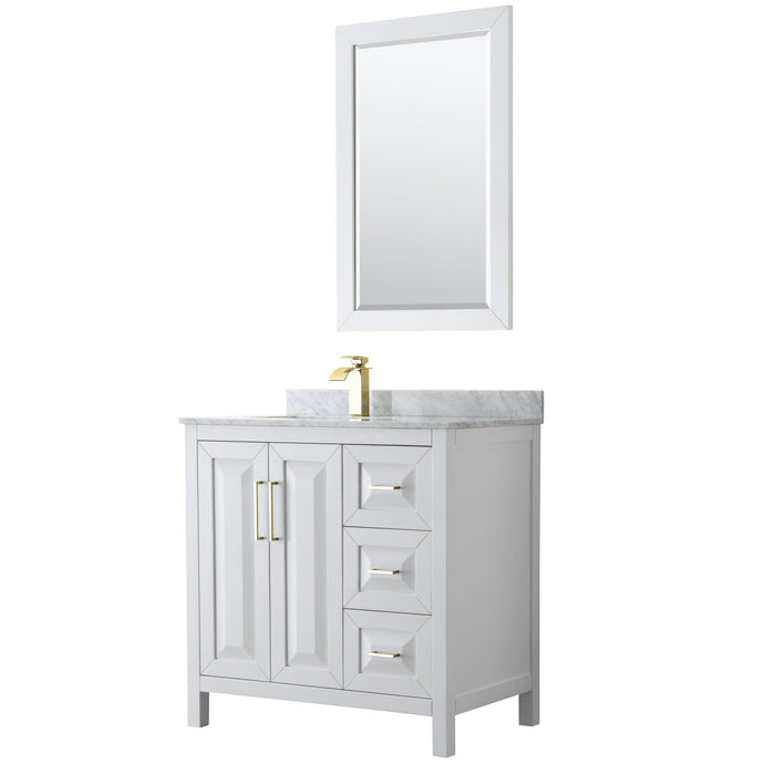 Wyndham Collection WCV252536SWGCMUNSM24 Daria 36 Inch Single Bathroom Vanity in White, White Carrara Marble Countertop, Undermount Square Sink, 24 Inch Mirror, Brushed Gold Trim