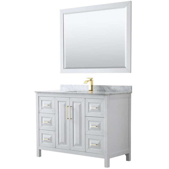 Wyndham Collection WCV252548SWGCMUNSM46 Daria 48 Inch Single Bathroom Vanity in White, White Carrara Marble Countertop, Undermount Square Sink, 46 Inch Mirror, Brushed Gold Trim
