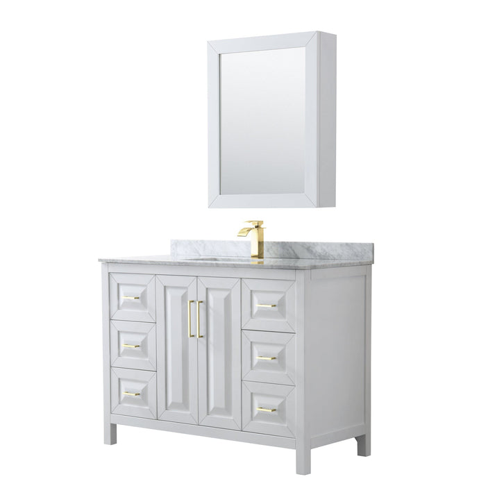 Wyndham Collection WCV252548SWGCMUNSMED Daria 48 Inch Single Bathroom Vanity in White, White Carrara Marble Countertop, Undermount Square Sink, Medicine Cabinet, Brushed Gold Trim