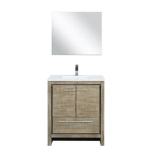 Load image into Gallery viewer, Lexora LLF30SKSOSM28FRG Lafarre 30&quot; Rustic Acacia Bathroom Vanity, White Quartz Top, White Square Sink, Labaro Rose Gold Faucet Set, and 28&quot; Frameless Mirror