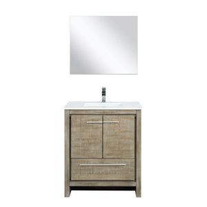 Lexora LLF30SKSOSM28FRG Lafarre 30" Rustic Acacia Bathroom Vanity, White Quartz Top, White Square Sink, Labaro Rose Gold Faucet Set, and 28" Frameless Mirror