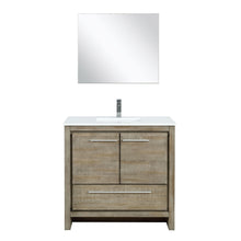 Load image into Gallery viewer, Lexora LLF36SKSOSM28FBN Lafarre 36&quot; Rustic Acacia Bathroom Vanity, White Quartz Top, White Square Sink, Labaro Brushed Nickel Faucet Set, and 28&quot; Frameless Mirror