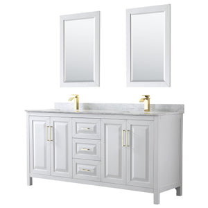 Wyndham Collection WCV252572DWGCMUNSM24 Daria 72 Inch Double Bathroom Vanity in White, White Carrara Marble Countertop, Undermount Square Sinks, 24 Inch Mirrors, Brushed Gold Trim