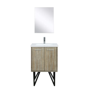 Lexora LLC24SKSOSM18FCH Lancy 24" Rustic Acacia Bathroom Vanity, White Quartz Top, White Square Sink, Monte Chrome Faucet Set, and 18" Frameless Mirror