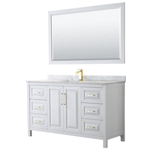 Wyndham Collection WCV252560SWGCMUNSM58 Daria 60 Inch Single Bathroom Vanity in White, White Carrara Marble Countertop, Undermount Square Sink, 58 Inch Mirror, Brushed Gold Trim