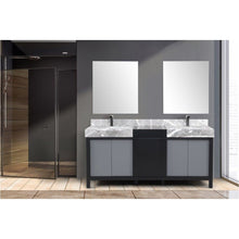 Load image into Gallery viewer, Lexora LZ342272DLISM28FBG Zilara 72&quot; Black and Grey Double Vanity, Castle Grey Marble Tops, White Square Sinks, Balzani Gun Metal Faucet Set, and 28&quot; Frameless Mirrors
