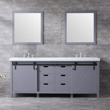 Load image into Gallery viewer, Lexora LM342280DBBSM30F Marsyas 80&quot; Dark Grey Double Vanity, White Carrara Marble Top, White Square Sinks and 30&quot; Mirrors w/ Faucets