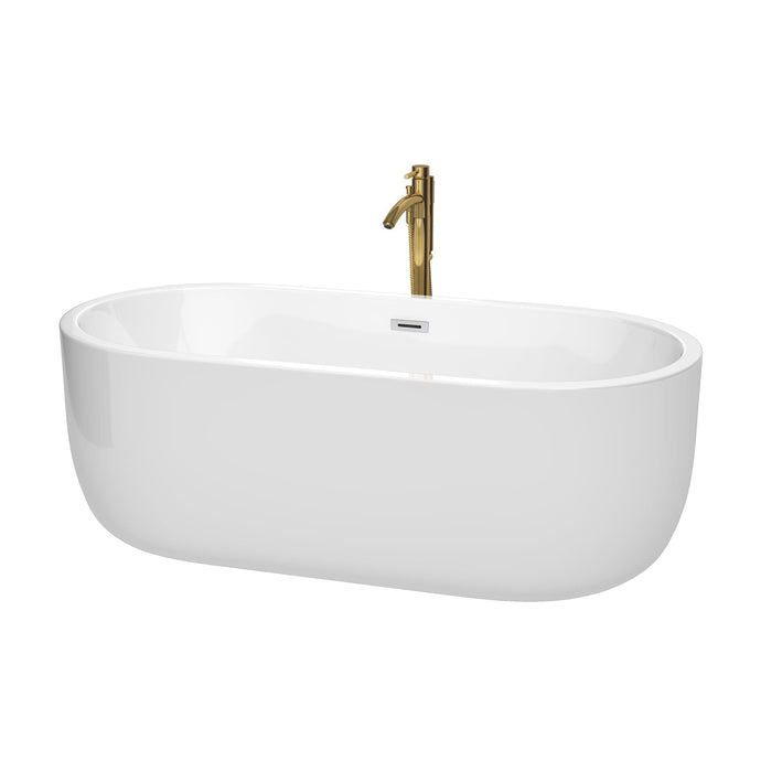 Wyndham Collection WCOBT101367PCATPGD Juliette 67 Inch Freestanding Bathtub in White with Polished Chrome Trim and Floor Mounted Faucet in Brushed Gold