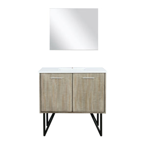 Lexora LLC36SKSOSM28 Lancy 36" Rustic Acacia Bathroom Vanity, White Quartz Top, White Square Sink, and 28" Frameless Mirror