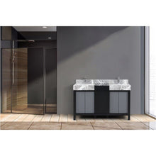 Load image into Gallery viewer, Lexora LZ342255SLISFMC Zilara 55&quot; Black and Grey Double Vanity, Castle Grey Marble Tops, White Square Sinks, and Monte Chrome Faucet Set