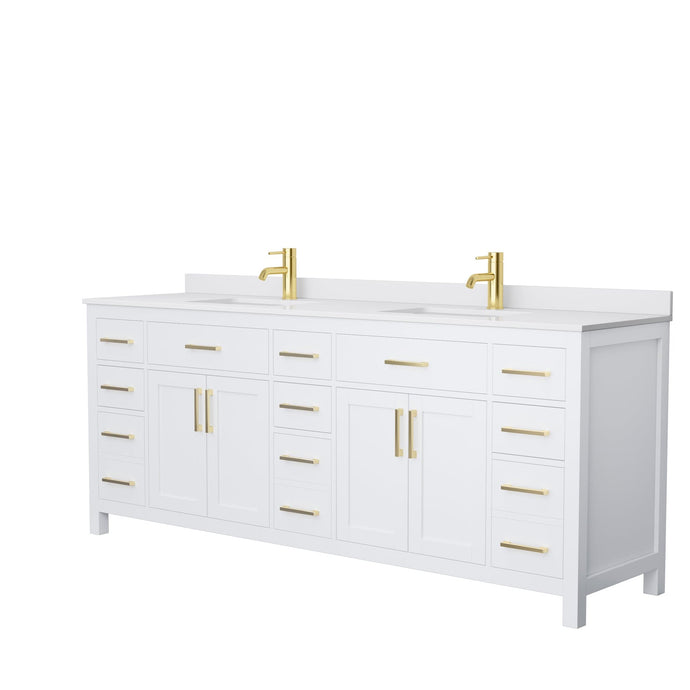Wyndham Collection WCG242484DWGWCUNSMXX Beckett 84 Inch Double Bathroom Vanity in White, White Cultured Marble Countertop, Undermount Square Sinks, Brushed Gold Trim