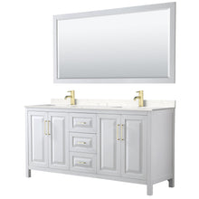 Load image into Gallery viewer, Wyndham Collection WCV252572DWGC2UNSM70 Daria 72 Inch Double Bathroom Vanity in White, Light-Vein Carrara Cultured Marble Countertop, Undermount Square Sinks, 70 Inch Mirror, Brushed Gold Trim