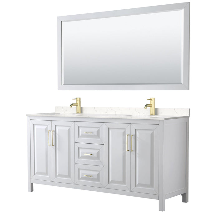 Wyndham Collection WCV252572DWGC2UNSM70 Daria 72 Inch Double Bathroom Vanity in White, Light-Vein Carrara Cultured Marble Countertop, Undermount Square Sinks, 70 Inch Mirror, Brushed Gold Trim