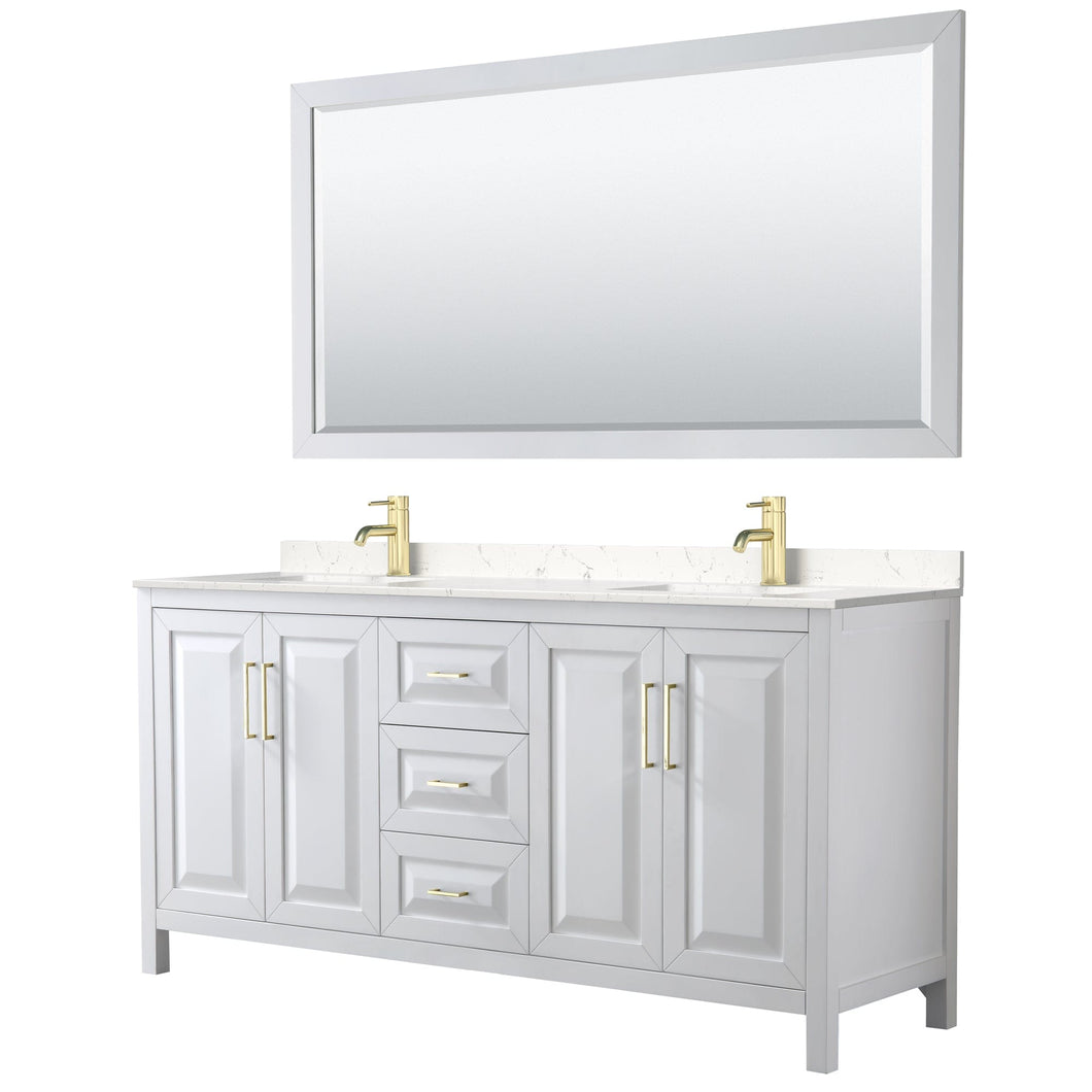 Wyndham Collection WCV252572DWGC2UNSM70 Daria 72 Inch Double Bathroom Vanity in White, Light-Vein Carrara Cultured Marble Countertop, Undermount Square Sinks, 70 Inch Mirror, Brushed Gold Trim