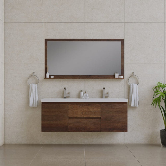 Alya Bath AB-MOF60D-RW Paterno 60 inch Double Modern Wall Mounted Bathroom Vanity, Rosewood