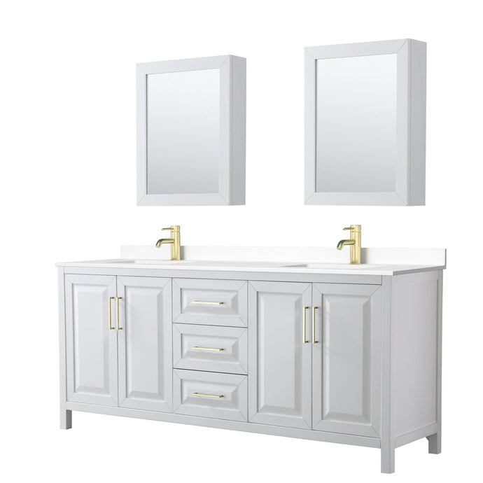 Wyndham Collection WCV252580DWGWCUNSMED Daria 80 Inch Double Bathroom Vanity in White, White Cultured Marble Countertop, Undermount Square Sinks, Medicine Cabinets, Brushed Gold Trim