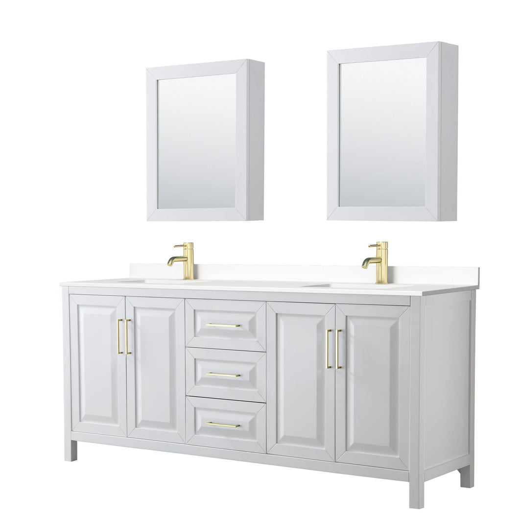 Wyndham Collection WCV252580DWGWCUNSMED Daria 80 Inch Double Bathroom Vanity in White, White Cultured Marble Countertop, Undermount Square Sinks, Medicine Cabinets, Brushed Gold Trim