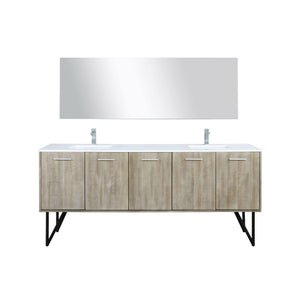 Lexora LLC80DKSOSM70FGM Lancy 80" Rustic Acacia Double Bathroom Vanity, White Quartz Top, White Square Sinks, Balzani Gun Metal Faucet Set, and 70" Frameless Mirror