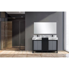 Load image into Gallery viewer, Lexora LZ342255SLISM53FCM Zilara 55&quot; Black and Grey Double Vanity, Castle Grey Marble Tops, White Square Sinks, Cascata Nera Matte Black Faucet Set, and 53&quot; Frameless Mirror