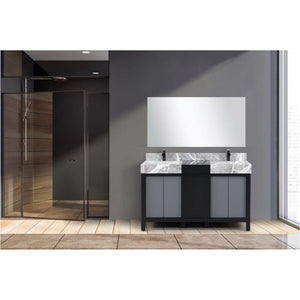 Lexora LZ342255SLISM53FCM Zilara 55" Black and Grey Double Vanity, Castle Grey Marble Tops, White Square Sinks, Cascata Nera Matte Black Faucet Set, and 53" Frameless Mirror